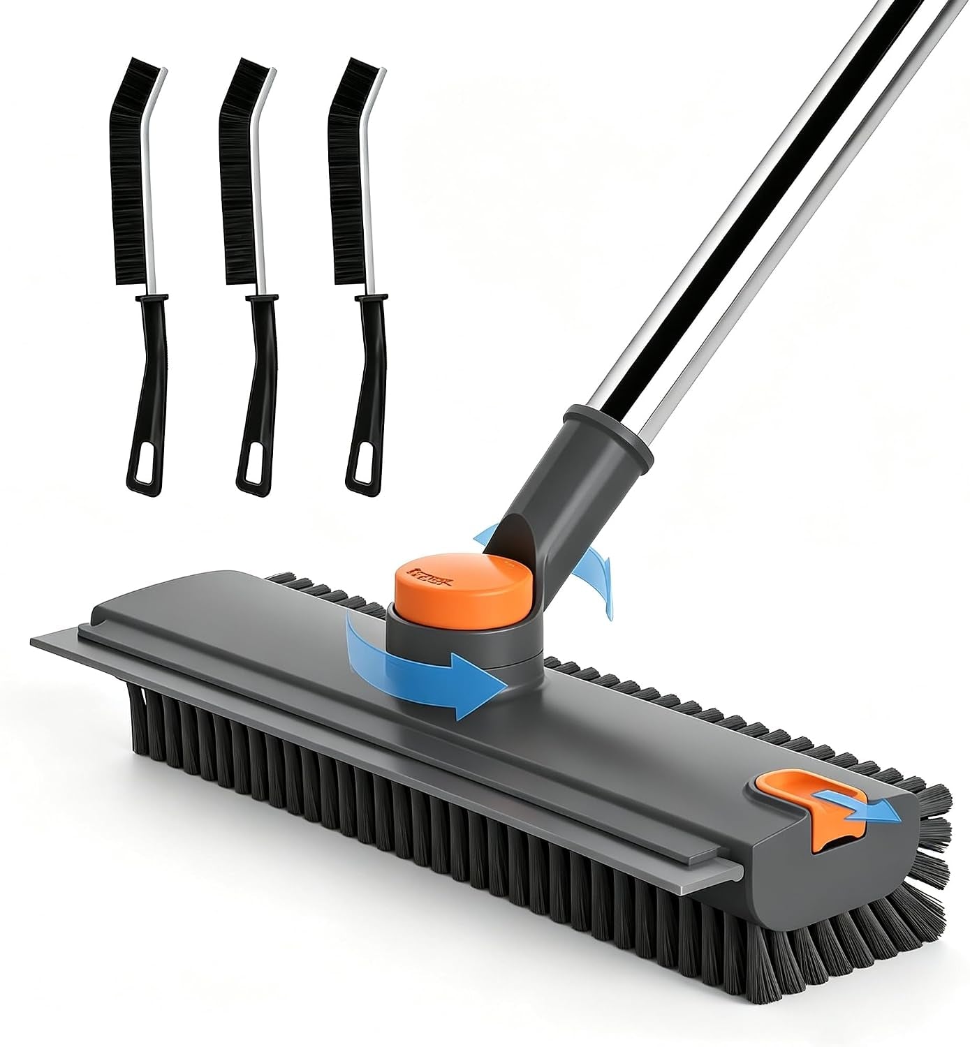 Floor Scrub Brush with Long Handle, 3 in 1 Floor Scrubber, Heavy Duty Stiff Bristle Squeegee Broom for Cleaning Shower Bathroom, Tile, Patio, Pool, Garage, Kitchen and Deck, Grey