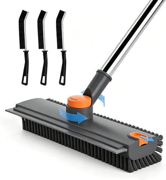 Floor Scrub Brush with Long Handle, 3 in 1 Floor Scrubber, Heavy Duty Stiff Bristle Squeegee Broom for Cleaning Shower Bathroom, Tile, Patio, Pool, Garage, Kitchen and Deck, Grey