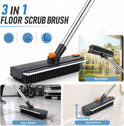 Floor Scrub Brush with Long Handle, 3 in 1 Floor Scrubber, Heavy Duty Stiff Bristle Squeegee Broom for Cleaning Shower Bathroom, Tile, Patio, Pool, Garage, Kitchen and Deck, Grey