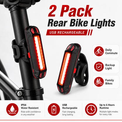 Bike Tail Light 2 Pack, USB Rechargeable LED Rear Bike Lights, IPX5 Water-Resistant Bicycle Taillights with 5 Modes