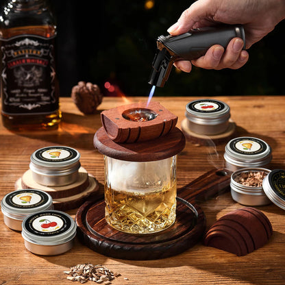 Cocktail Smoker Kit with Apple Cherry Oak Pecan Wood Chips Whiskey Wooden Smoked Wood Hood Smoker for Bar Drinks Kitchen Tools